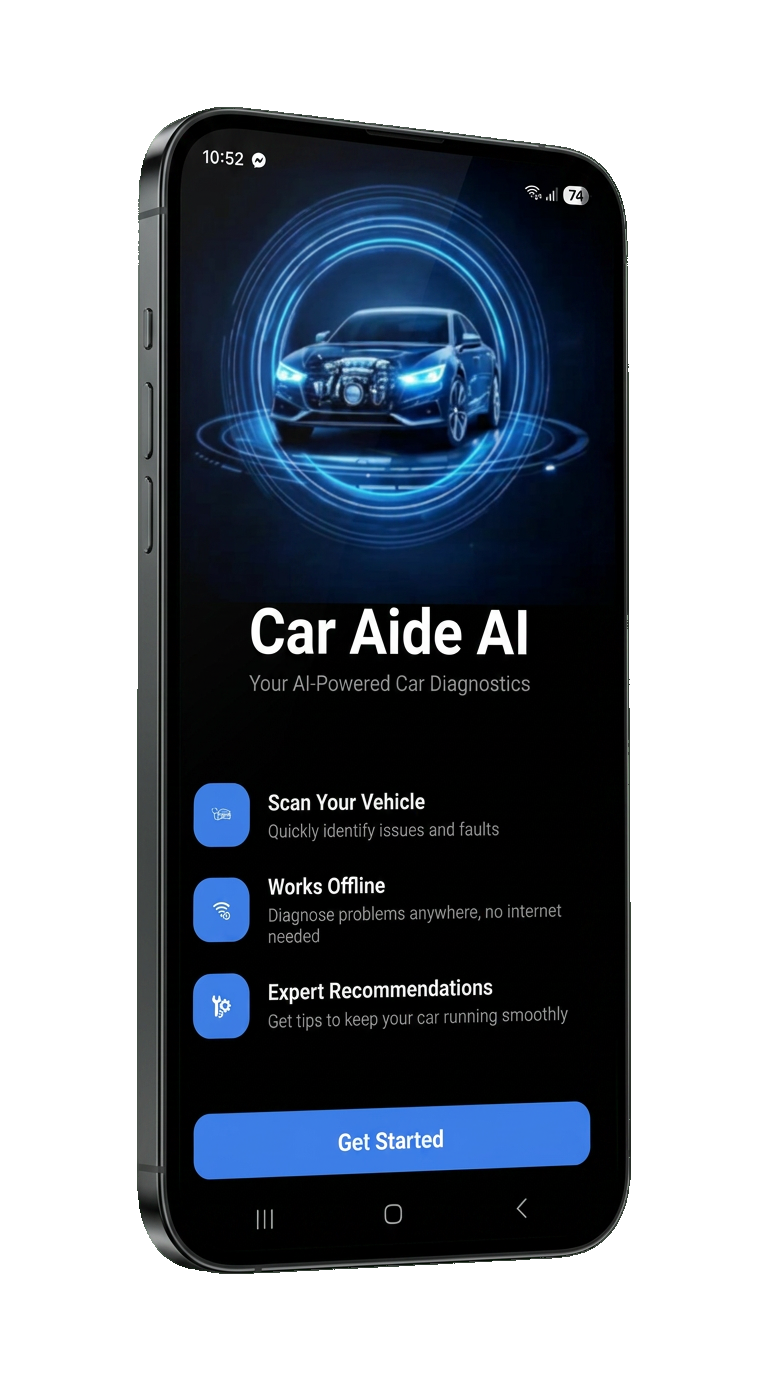 Car Aide AI app screen inside phone mockup